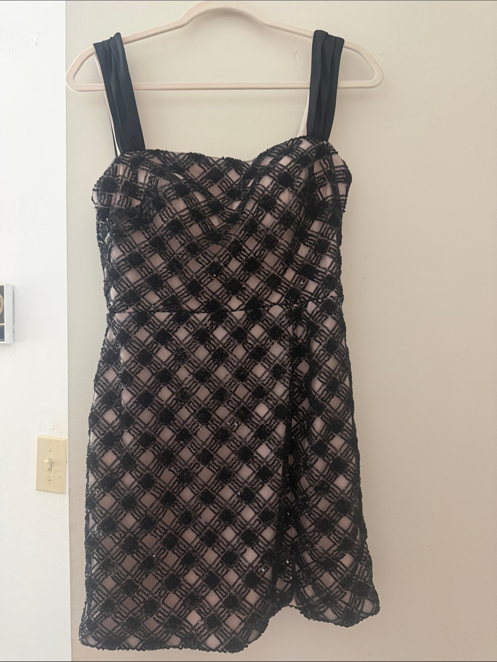 Black Lace Overlay Mini Dress with Nude Lining